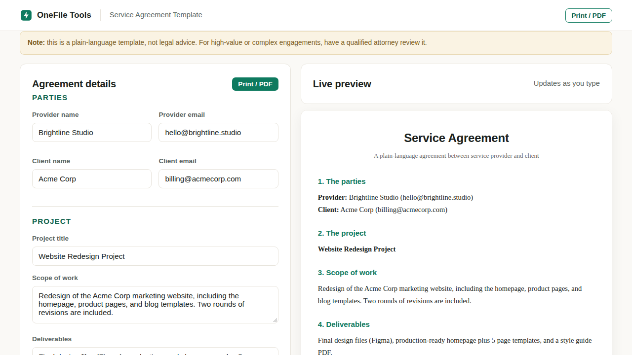 Service agreement preview