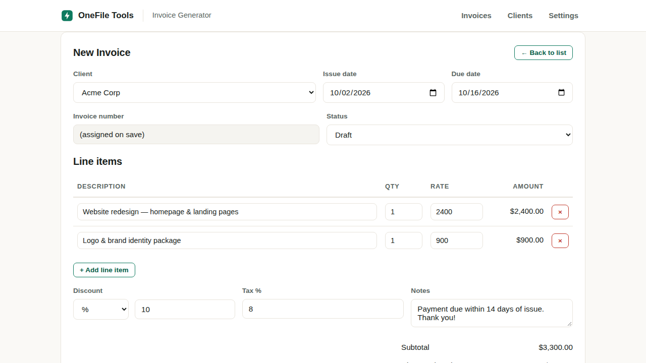 Invoice Generator editor
